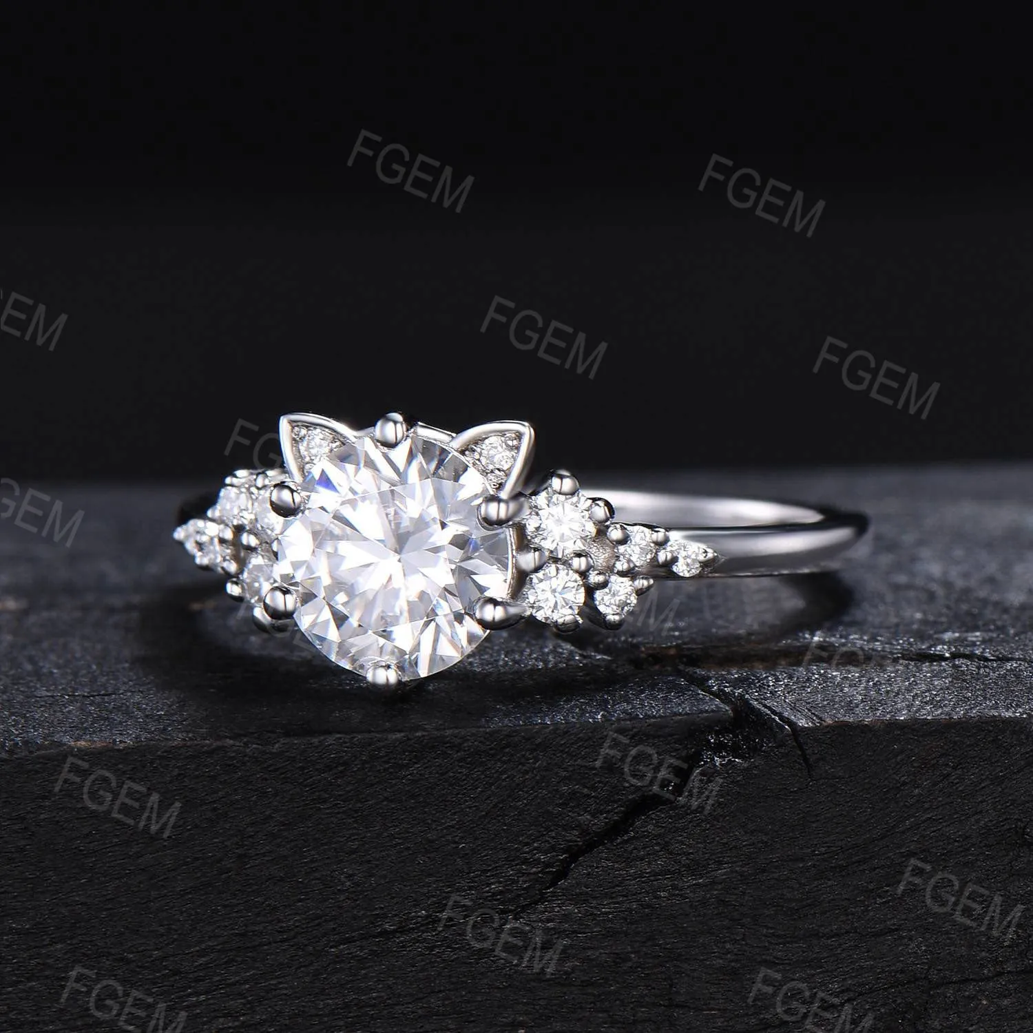Cat Engagement Ring 7mm Round Moissanite Ring Unique Cat Moissanite Cluster Ring Snowdrift Ring Gold Cat Ring Anniversary Gift For Cat Lover