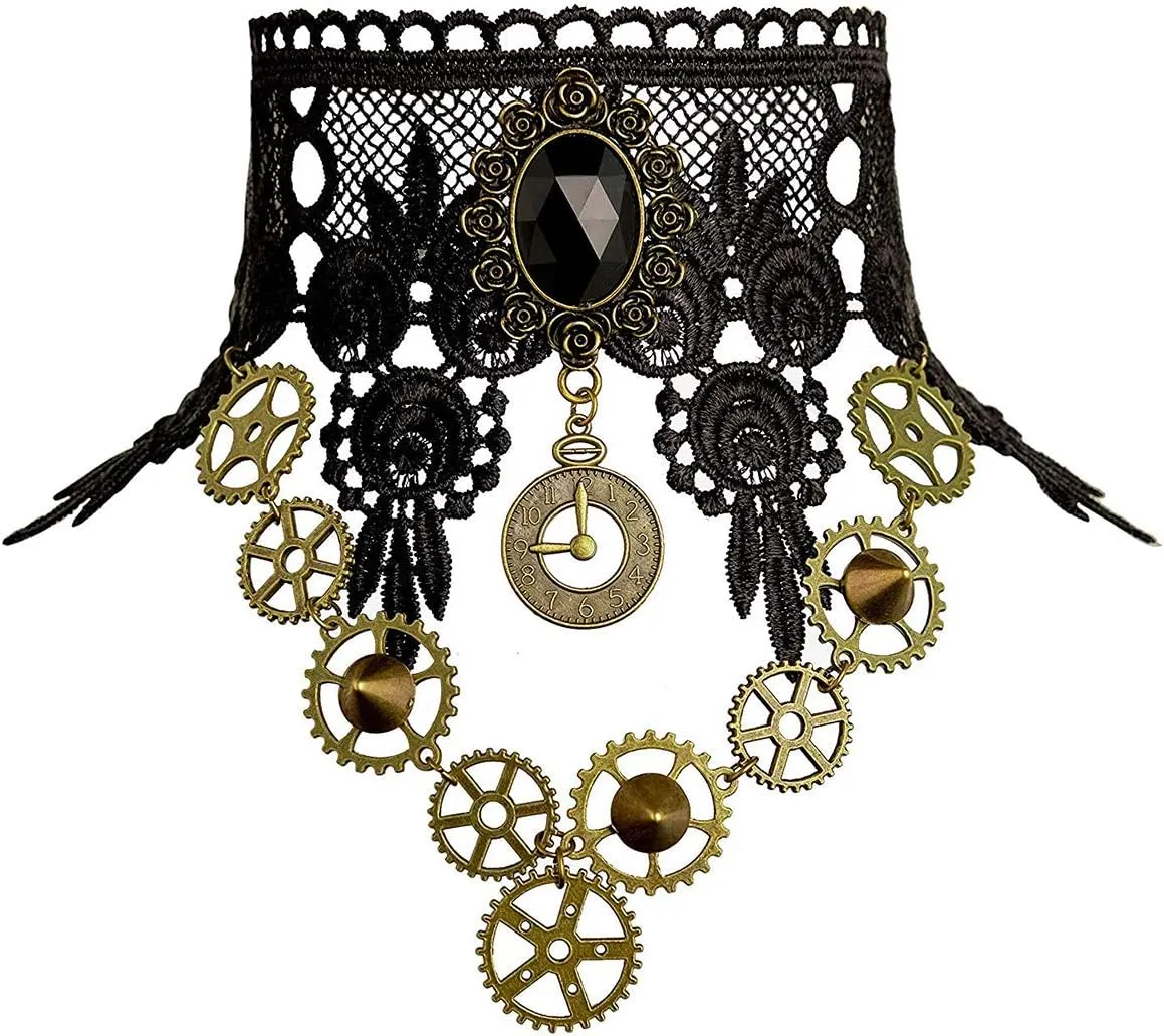Choker Necklace for Steampunk Halloween Punk Costume Party Retro Gear Clock Cog Women Gothic Black Lace Necklaces Halloween Lolita Victorian Steam Punk Choker Pendant