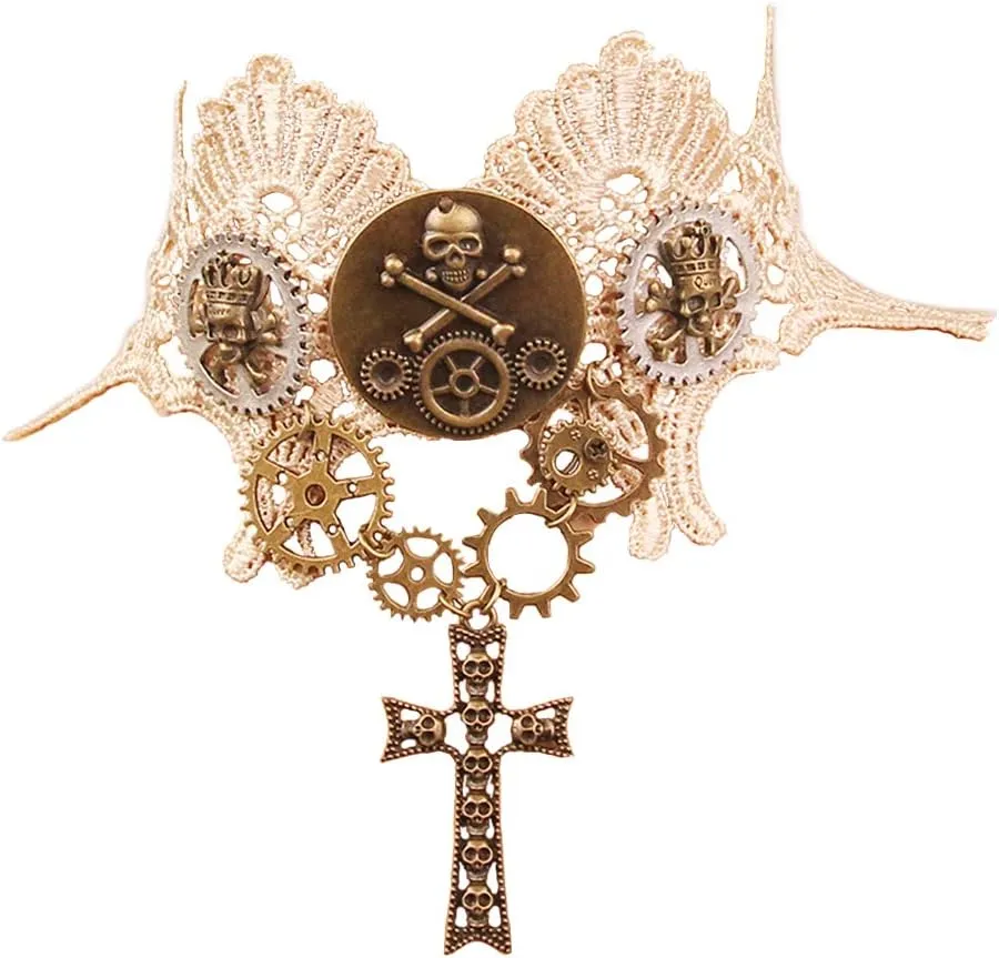 Choker Necklace for Steampunk Halloween Punk Costume Party Retro Gear Clock Cog Women Gothic Lace Necklaces Halloween Lolita Victorian Steam Punk Choker Pendant