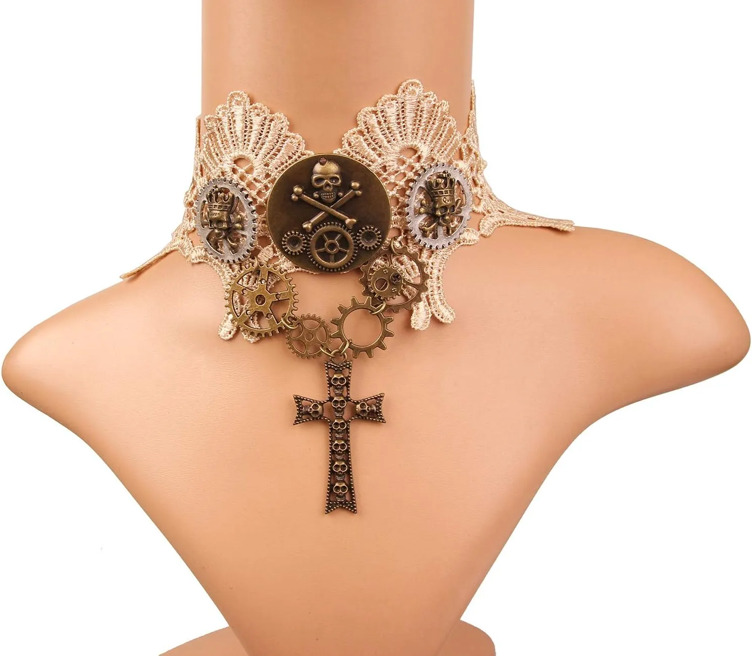 Choker Necklace for Steampunk Halloween Punk Costume Party Retro Gear Clock Cog Women Gothic Lace Necklaces Halloween Lolita Victorian Steam Punk Choker Pendant