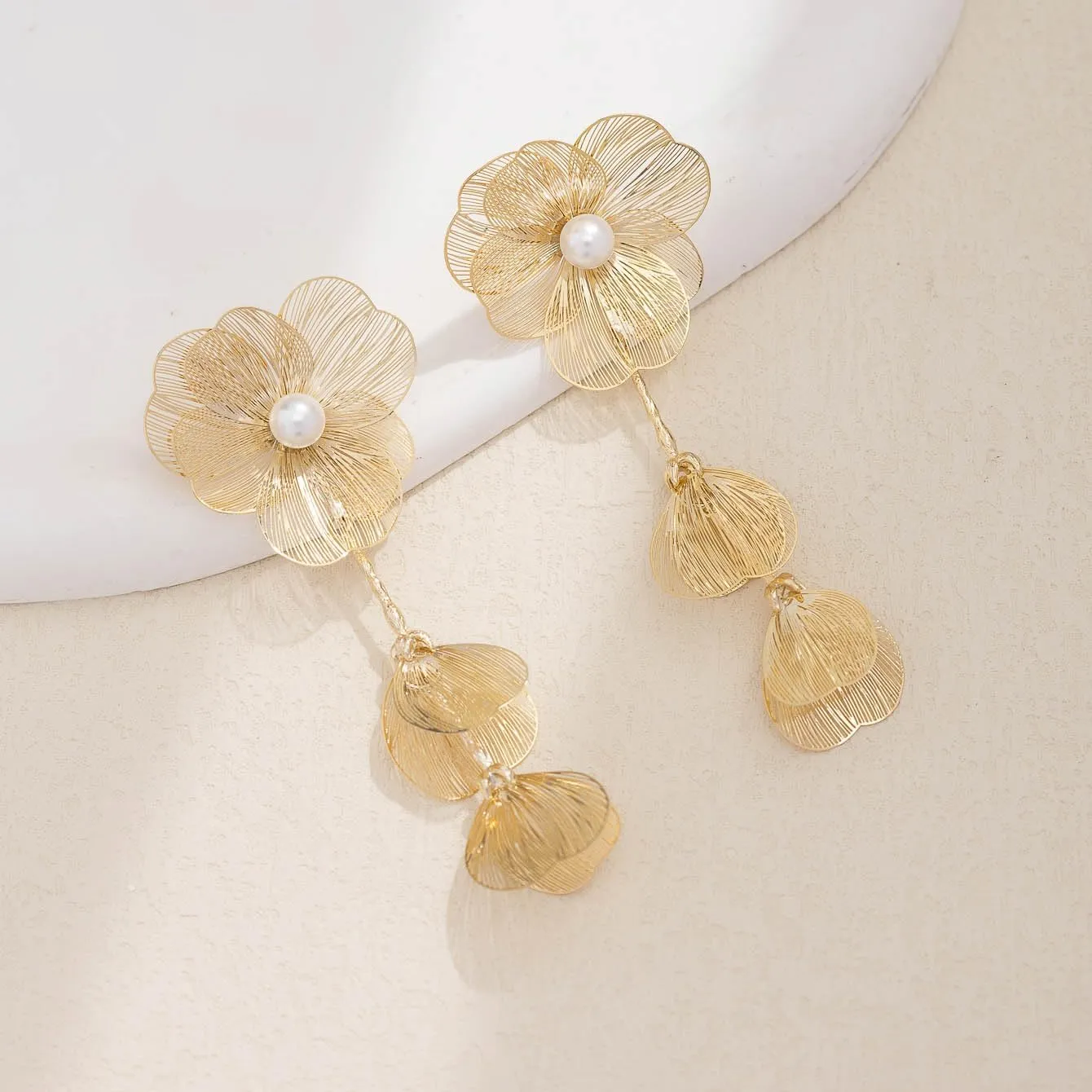 Chunky Gold Flower Earrings for Women Statement 14K Gold Plated Flower Dangle Earrings Boho Yellow Big Chunky Pearl Floral Petal Earring Lightweight Prom Christmas Jewelry Gifts Trendy Stuff