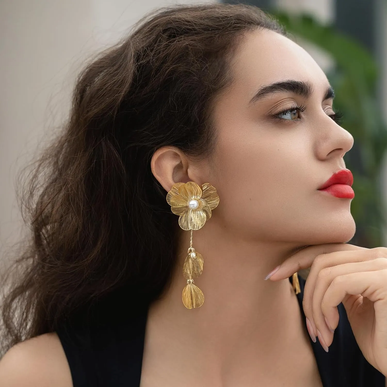 Chunky Gold Flower Earrings for Women Statement 14K Gold Plated Flower Dangle Earrings Boho Yellow Big Chunky Pearl Floral Petal Earring Lightweight Prom Christmas Jewelry Gifts Trendy Stuff