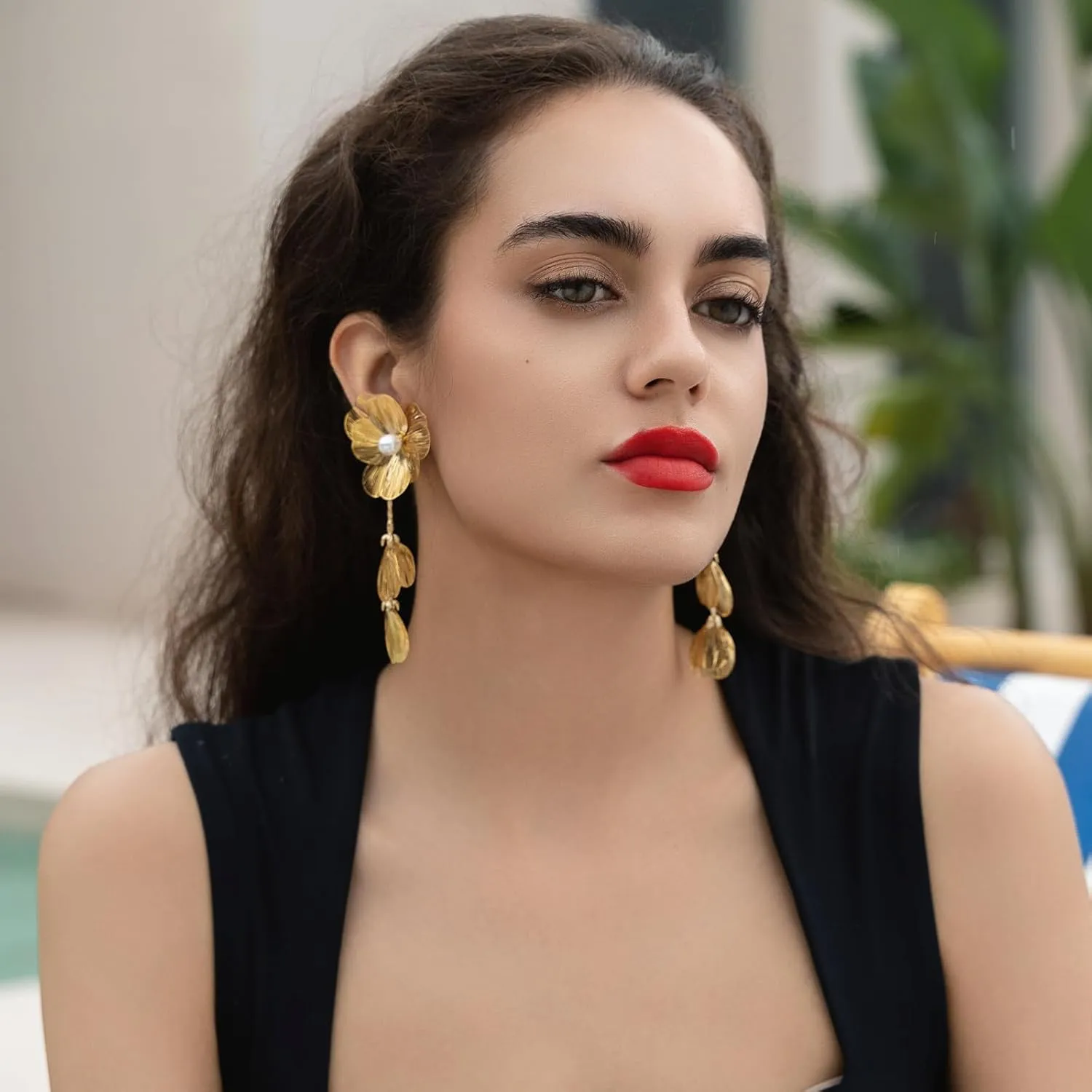 Chunky Gold Flower Earrings for Women Statement 14K Gold Plated Flower Dangle Earrings Boho Yellow Big Chunky Pearl Floral Petal Earring Lightweight Prom Christmas Jewelry Gifts Trendy Stuff