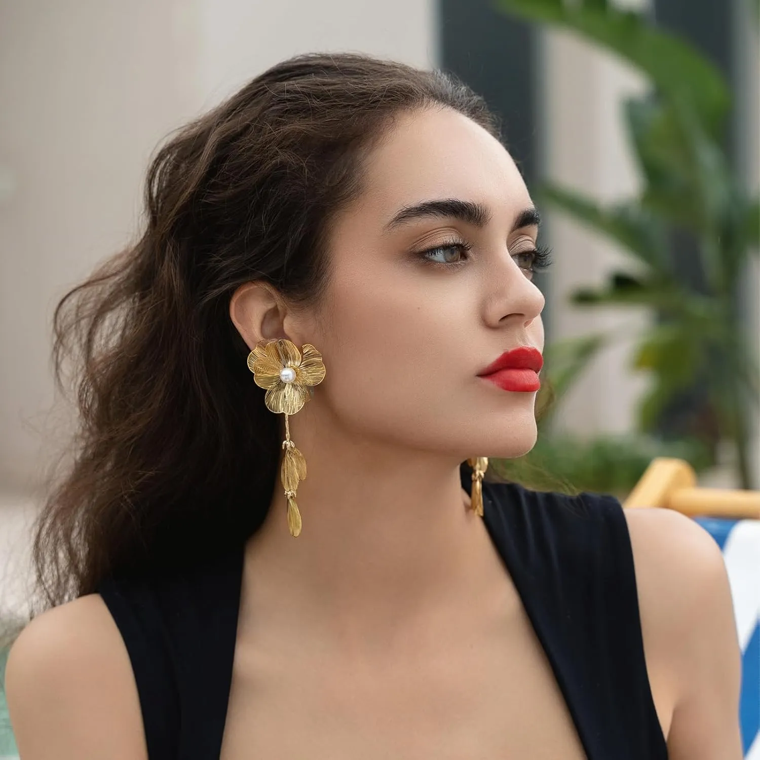 Chunky Gold Flower Earrings for Women Statement 14K Gold Plated Flower Dangle Earrings Boho Yellow Big Chunky Pearl Floral Petal Earring Lightweight Prom Christmas Jewelry Gifts Trendy Stuff