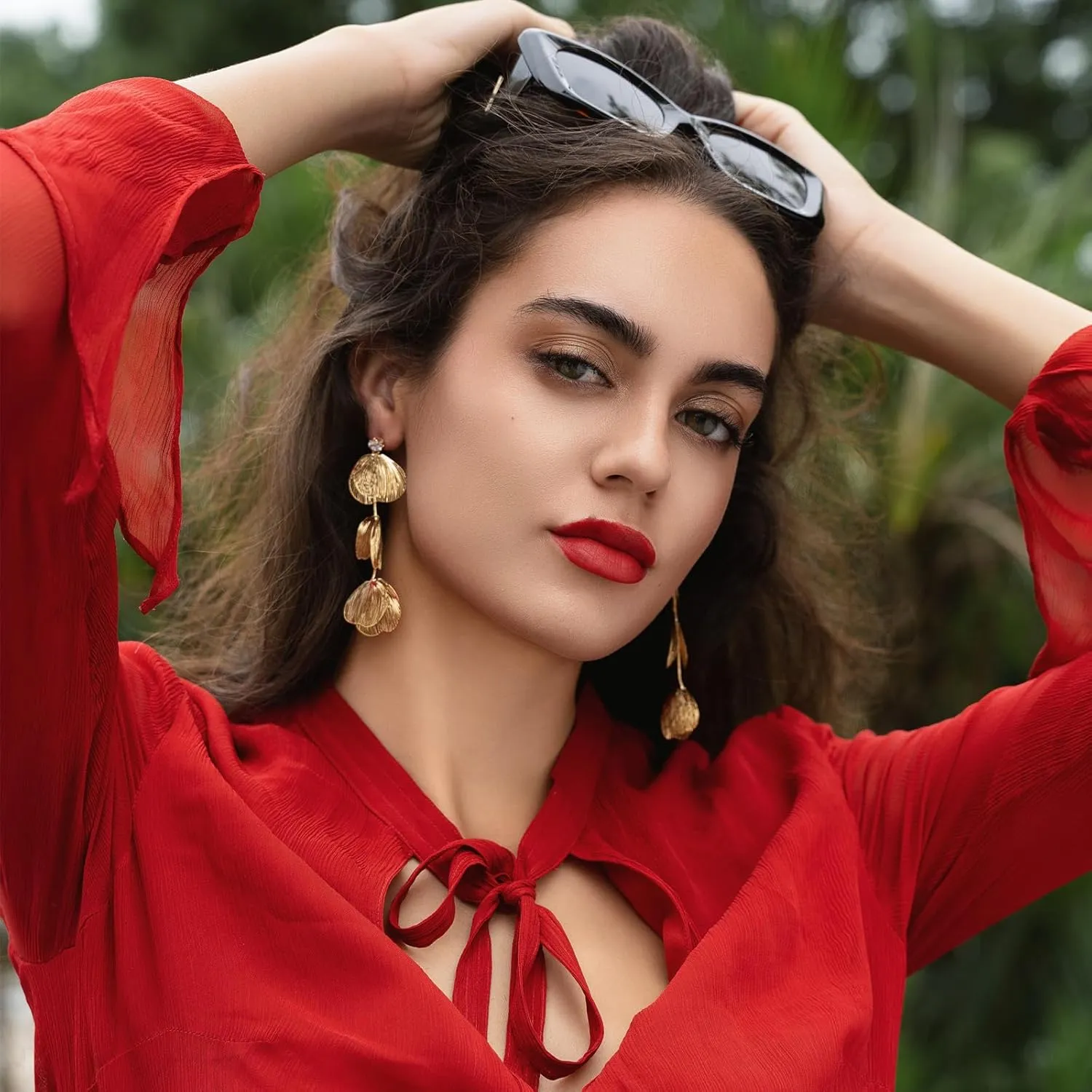 Chunky Gold Flower Earrings for Women Statement 14K Gold Plated Flower Dangle Earrings Boho Yellow Big Chunky Pearl Floral Petal Earring Lightweight Prom Christmas Jewelry Gifts Trendy Stuff
