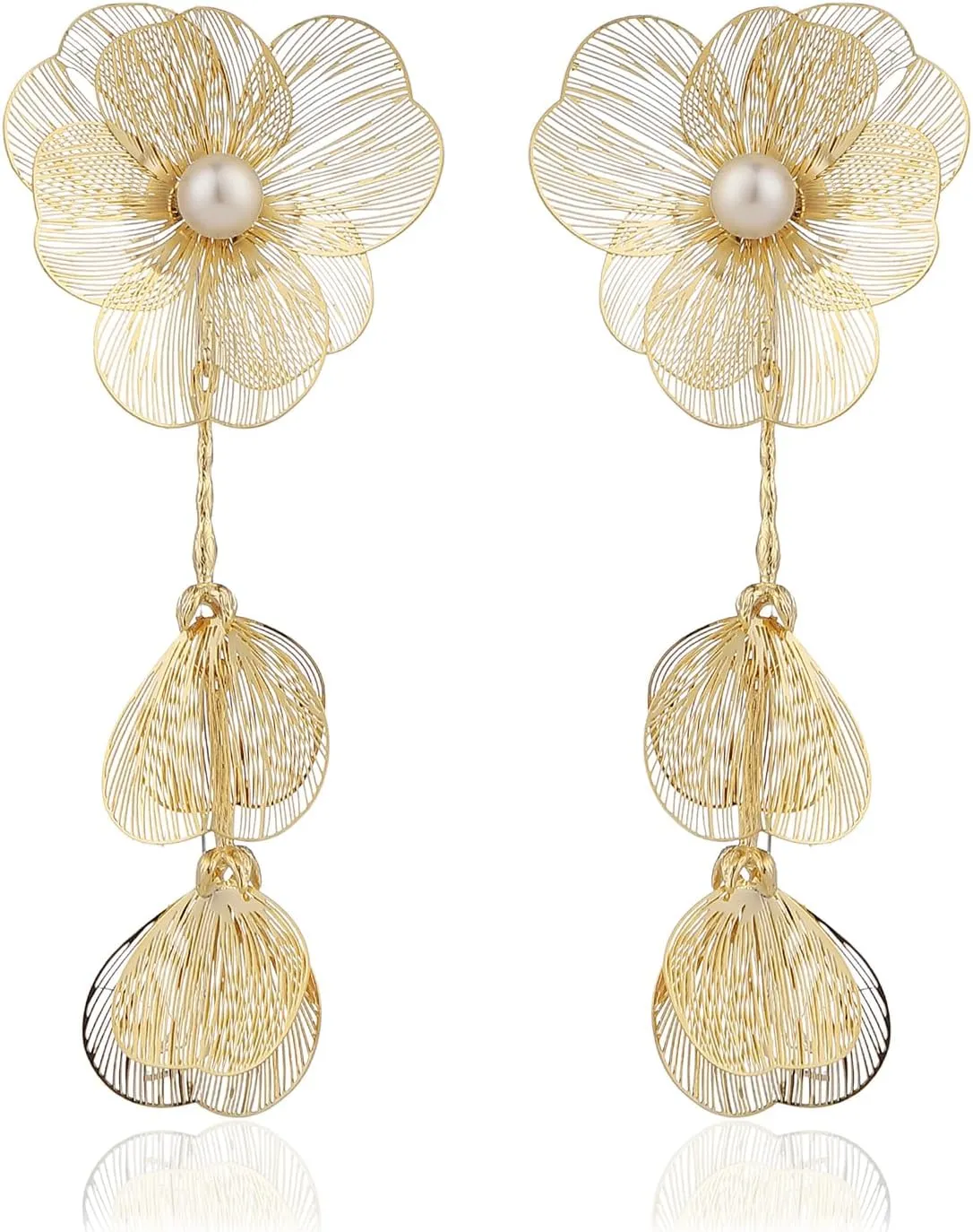 Chunky Gold Flower Earrings for Women Statement 14K Gold Plated Flower Dangle Earrings Boho Yellow Big Chunky Pearl Floral Petal Earring Lightweight Prom Christmas Jewelry Gifts Trendy Stuff