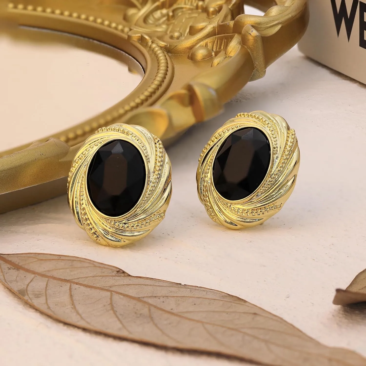 Chunky Gold Geometric Stud Earrings Trendy Vintage 14K Gold Plated Black Cubic Zirconia Statement Cocktail Earrings Dupes Jewelry for Women