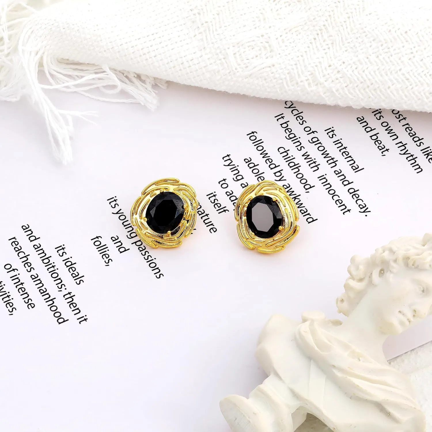 Chunky Gold Geometric Stud Earrings Trendy Vintage 14K Gold Plated Black Cubic Zirconia Statement Cocktail Earrings Dupes Jewelry for Women