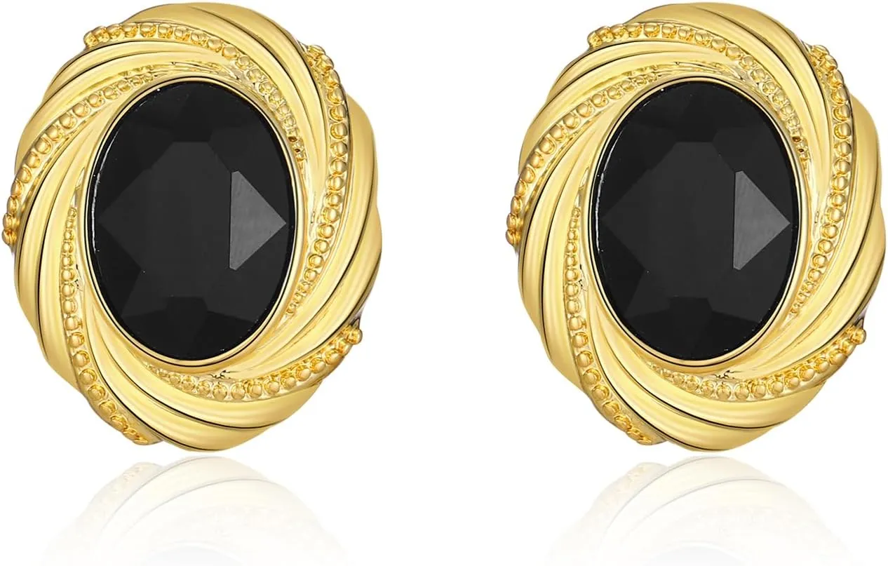 Chunky Gold Geometric Stud Earrings Trendy Vintage 14K Gold Plated Black Cubic Zirconia Statement Cocktail Earrings Dupes Jewelry for Women
