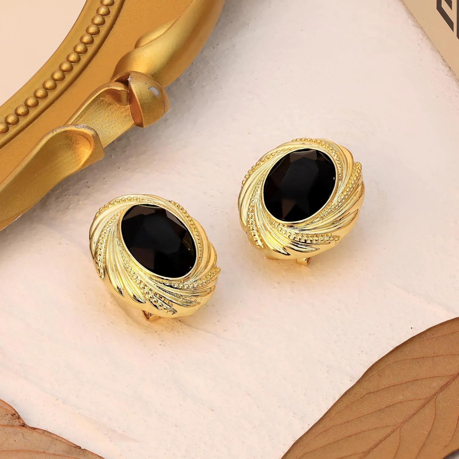 Chunky Gold Geometric Stud Earrings Trendy Vintage 14K Gold Plated Black Cubic Zirconia Statement Cocktail Earrings Dupes Jewelry for Women