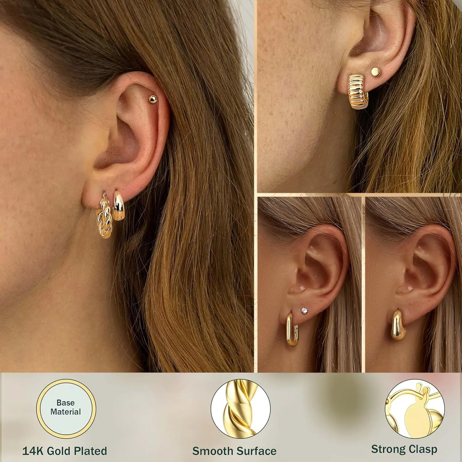 Chunky Gold Hoop Earrings for Women - Hypoallergenic 14K Gold Plated Stud Huggie Earing Stacks Set Thick Stainless Surgical Steel Pack Jewelry for Sensitive Ears Trendy 12 Pairs