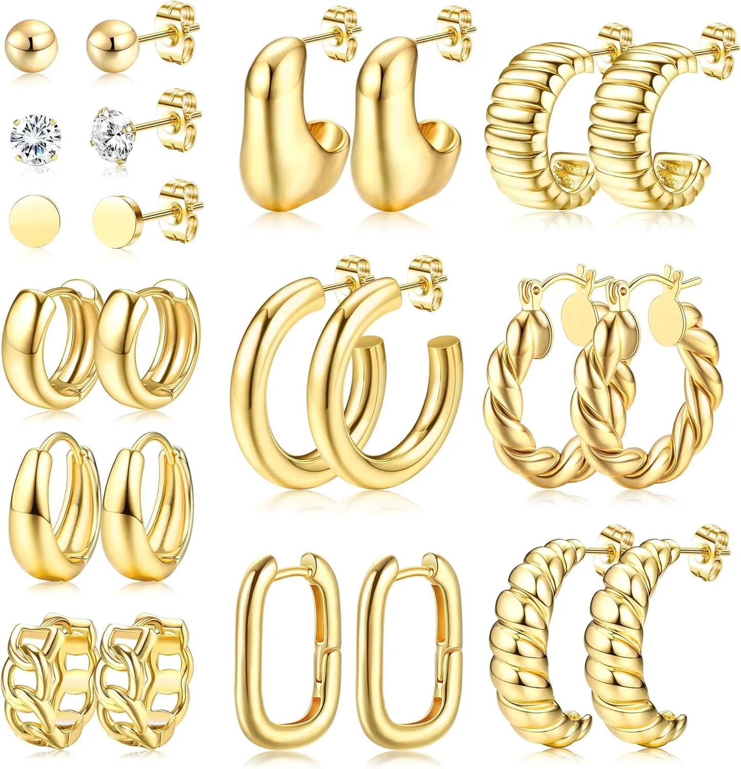 Chunky Gold Hoop Earrings for Women - Hypoallergenic 14K Gold Plated Stud Huggie Earing Stacks Set Thick Stainless Surgical Steel Pack Jewelry for Sensitive Ears Trendy 12 Pairs