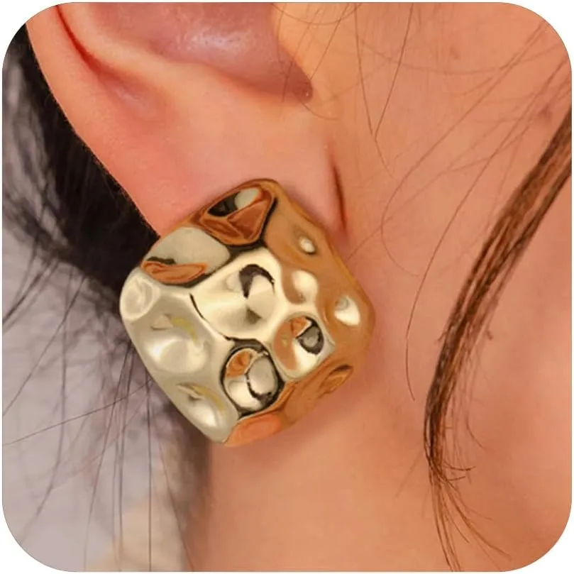 Chunky Gold/Silver Earrings for Women, Irregular Lightweight Statement Stud Earrings Vintage Jewelry Gifts for Women