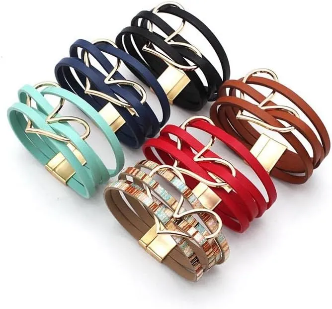 Circle Heart Charm Leather Wrap Bracelet Boho Handmade Layered Cuff Bracelets Bohemian Multi Strand Bangle Bracelets Holiday Jewelry Gifts for Women