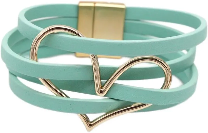 Circle Heart Charm Leather Wrap Bracelet Boho Handmade Layered Cuff Bracelets Bohemian Multi Strand Bangle Bracelets Holiday Jewelry Gifts for Women