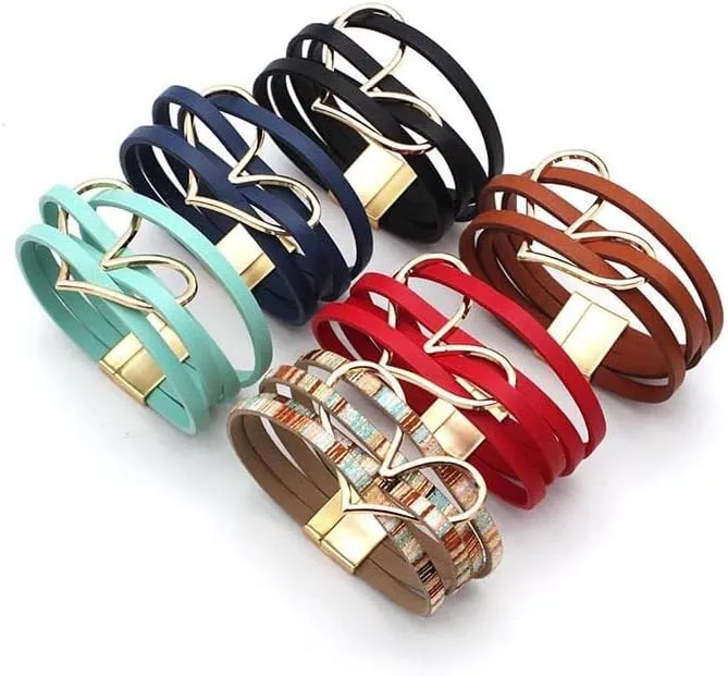 Circle Heart Charm Leather Wrap Bracelet Boho Handmade Layered Cuff Bracelets Bohemian Multi Strand Bangle Bracelets Holiday Jewelry Gifts for Women