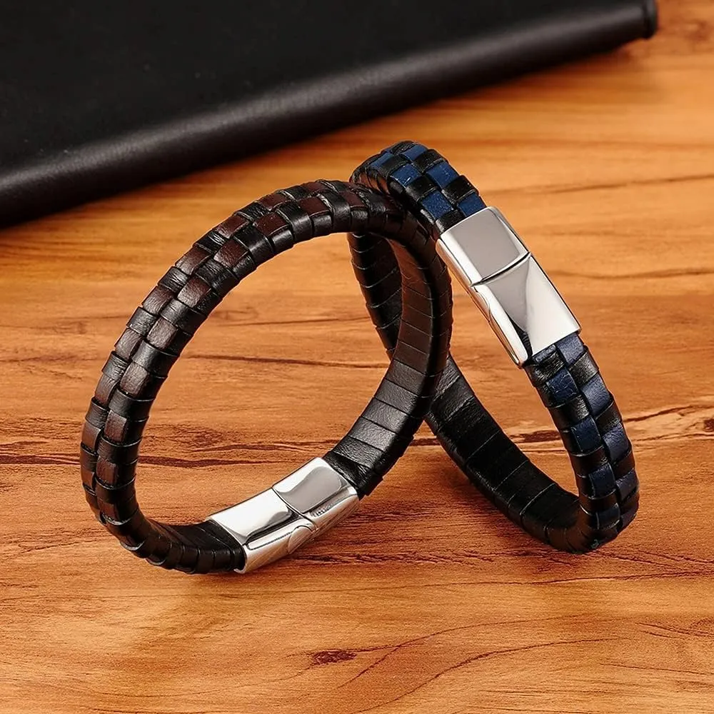 Classic Design Hand-woven Bracelet Personality Gift For Men Genuine Leather Bracelet&Bangle Party Jewelry 4B7MY (Blue-21cm)
