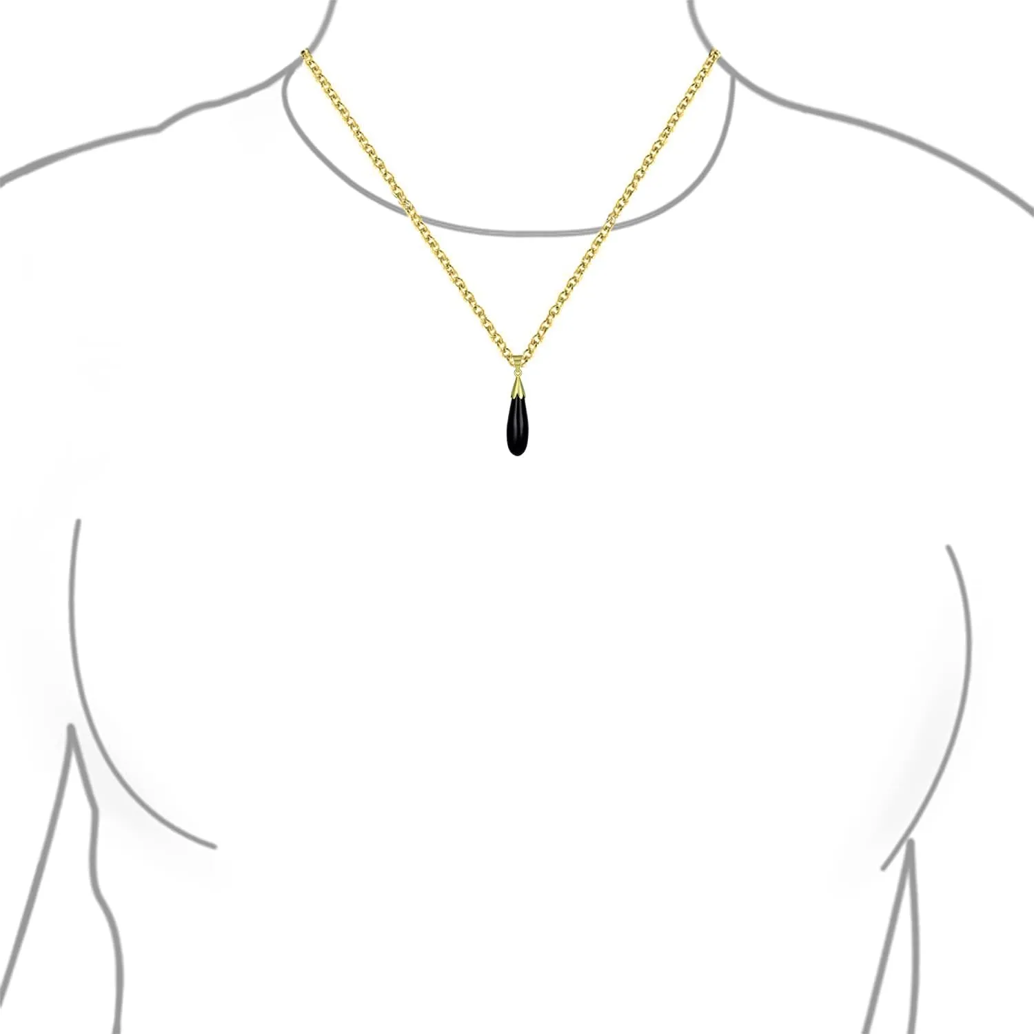 Classic Simplistic Semi Precious Black Blue Green Gemstone Turquoise Onyx Jade Elongated Teardrop Shaped Dangle Pendant Necklace Western Jewelry For Women 14KGold Plated.925 Sterling Silver