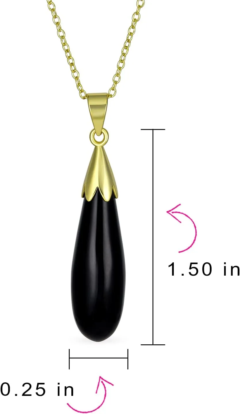 Classic Simplistic Semi Precious Black Blue Green Gemstone Turquoise Onyx Jade Elongated Teardrop Shaped Dangle Pendant Necklace Western Jewelry For Women 14KGold Plated.925 Sterling Silver