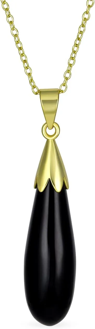 Classic Simplistic Semi Precious Black Blue Green Gemstone Turquoise Onyx Jade Elongated Teardrop Shaped Dangle Pendant Necklace Western Jewelry For Women 14KGold Plated.925 Sterling Silver
