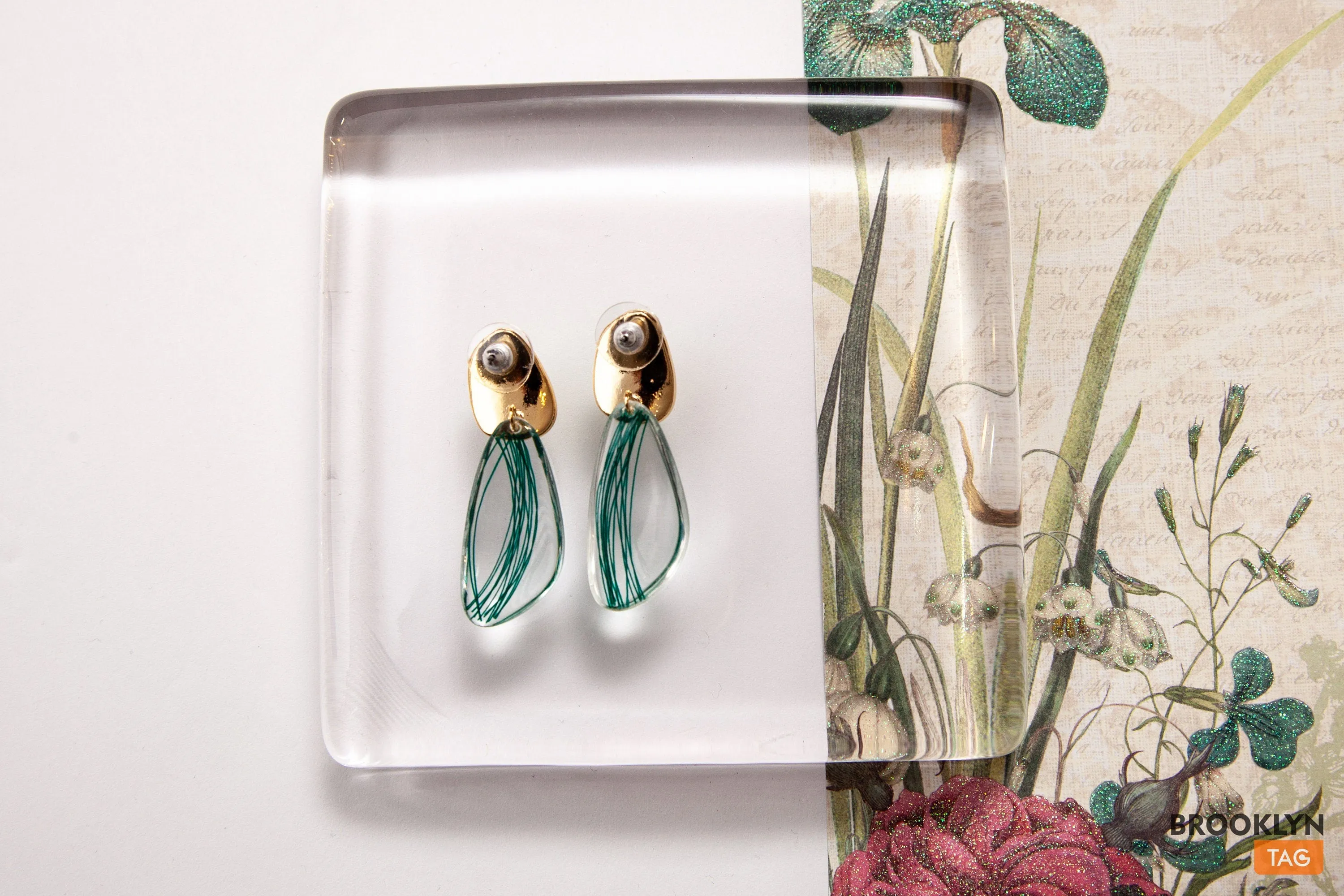 Clear Glass Green Earrings