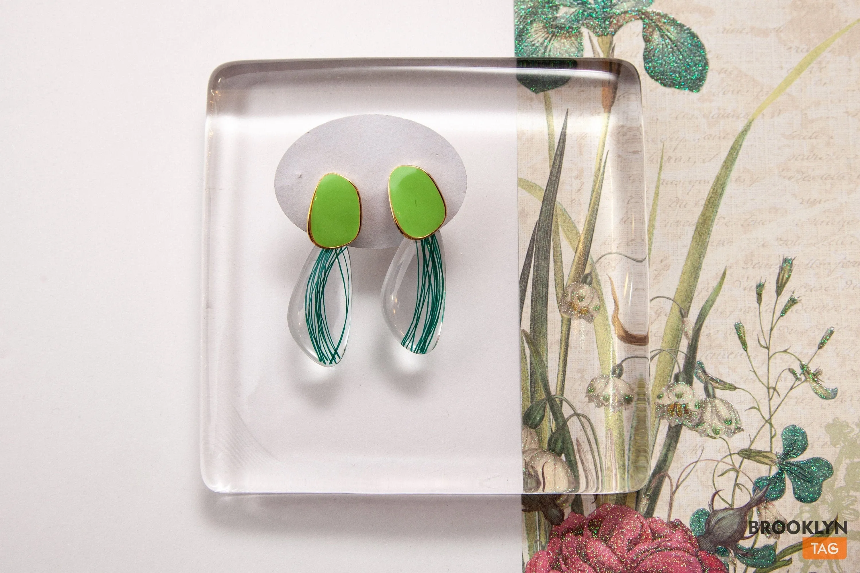 Clear Glass Green Earrings