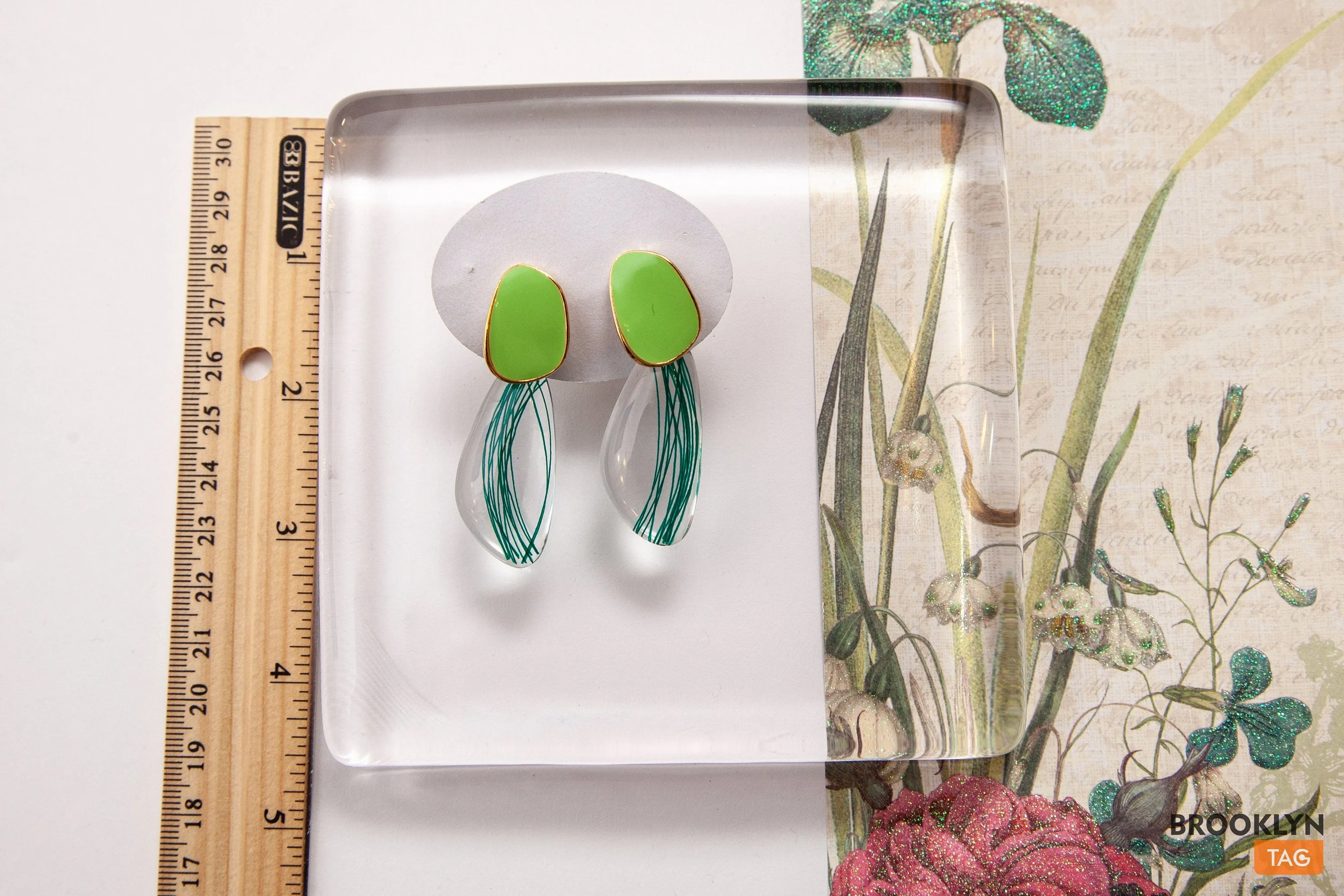 Clear Glass Green Earrings