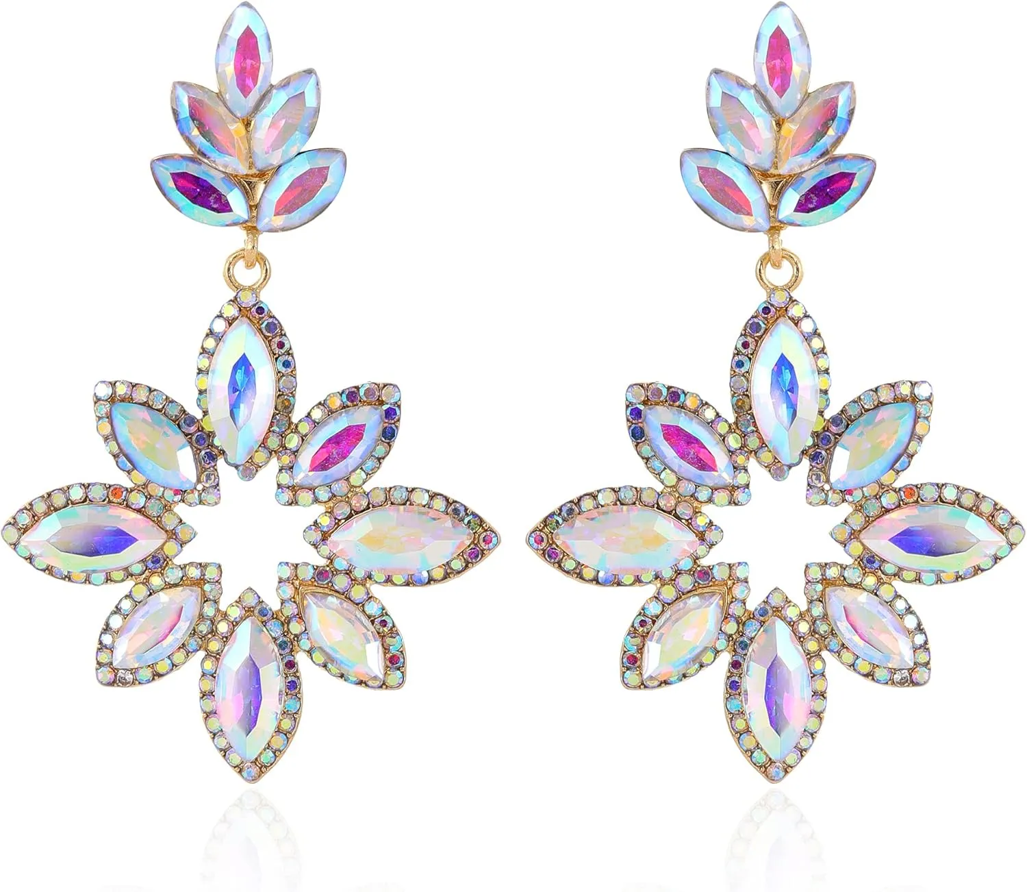 Clip on Earrings for Women Flower Cluster Clip Earrings Rhinestone Crystal Big Statement Clip on Earrings Dangle Hypoallergenic Prom Party Birthday Xmas Valentine's Day Gifts (AB)