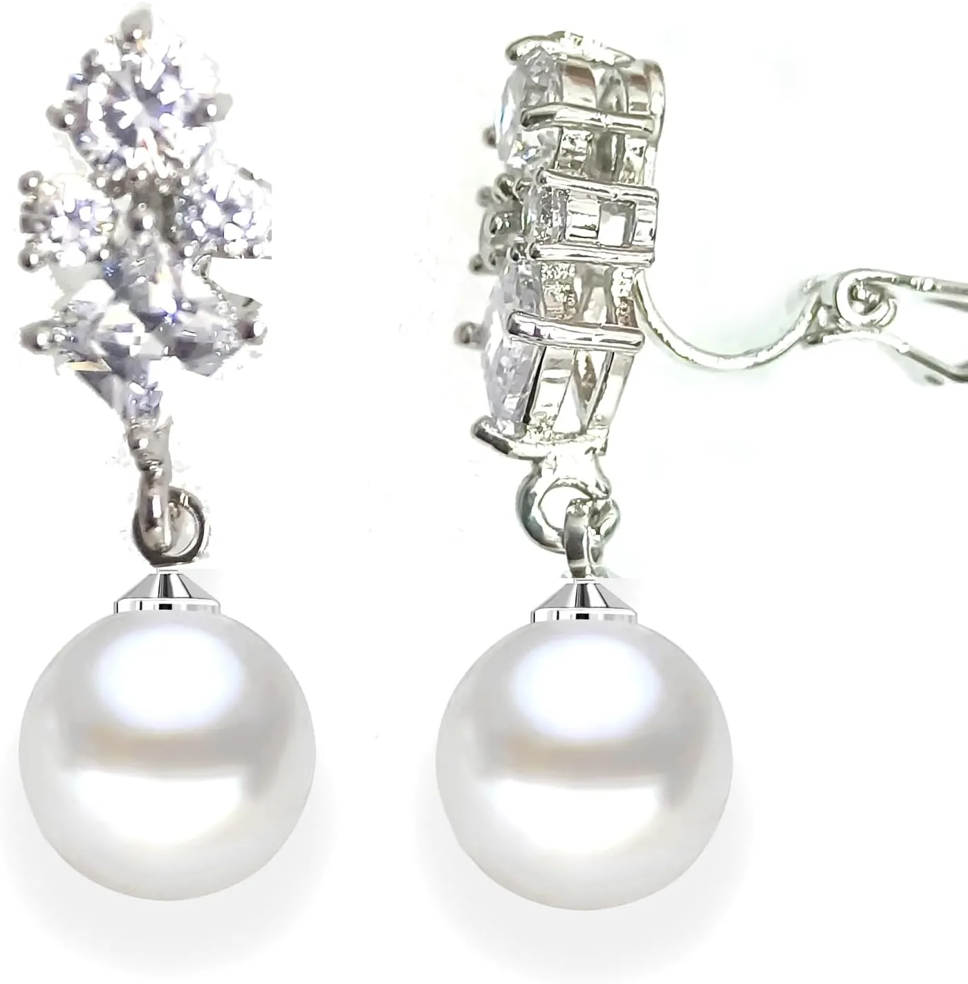 Clip on Earrings Women | Pearl Clip on Earrings for Women Wedding, Prom, Cubic Zirconia Non-Pierced Silver Clip on Dangle Earrings That Don'T Hurt for Brides, Bridesmaid, Mother of the Bride with C Shape Hoop Sliver 87