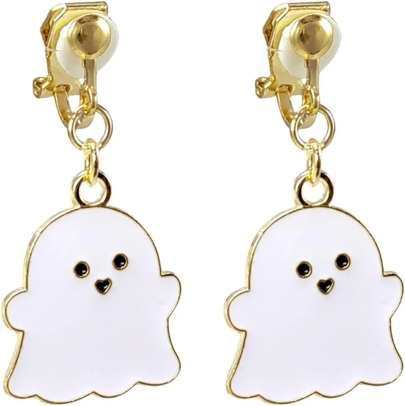 Clip On Halloween Earrings for Women Cute Gothic Punk Vintage Dangle Drop Clip-on Fall Earrings Ghost Pumpkin Bat Non Piercing Earrings Jewelry Set