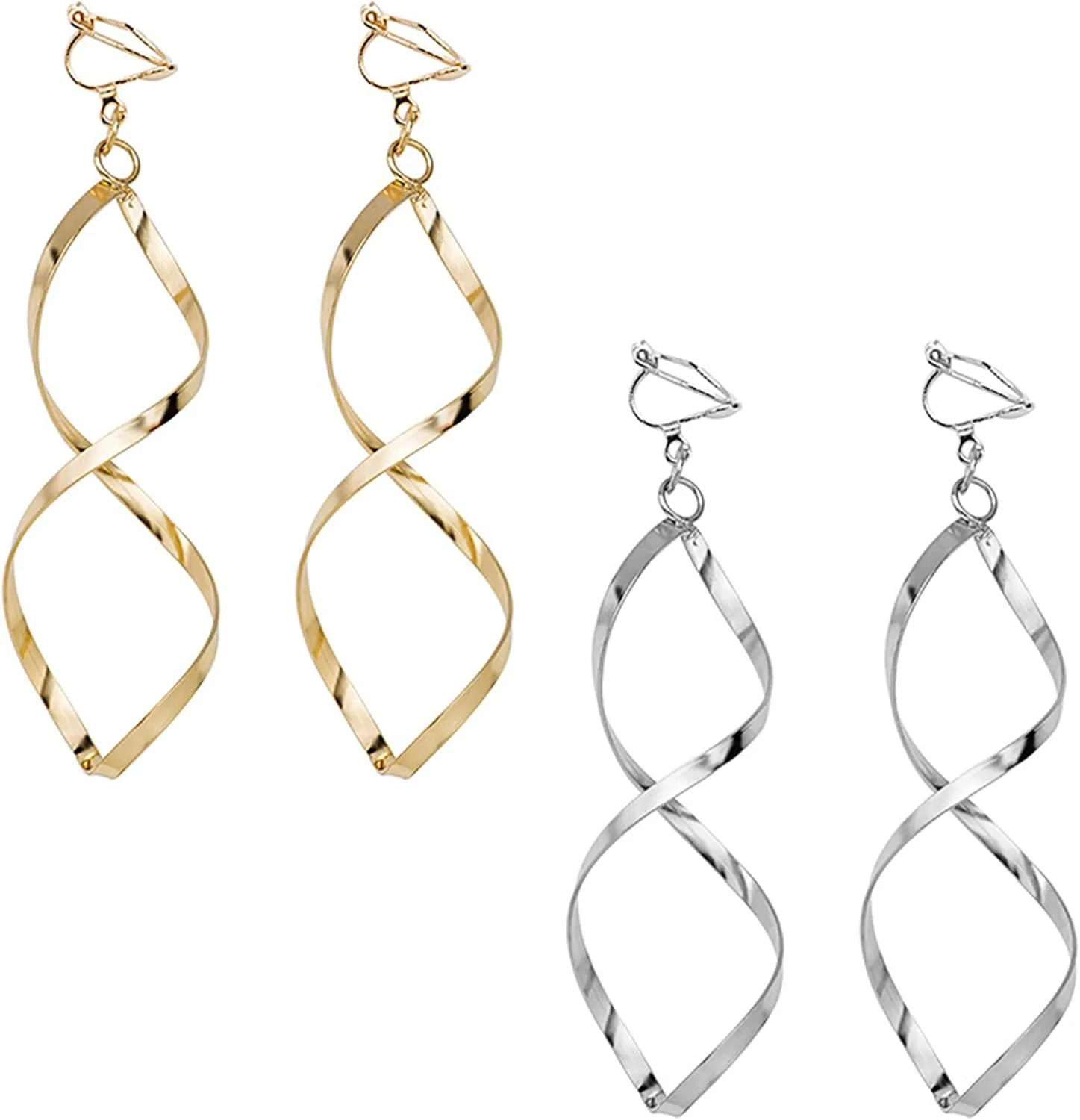 coadipress 2 Pairs Twisted Clip On Earrings for Women Fashion Gold Silver Plated Spiral Curved Wave Statement Clip-on Earrings Non Piercing Earrings