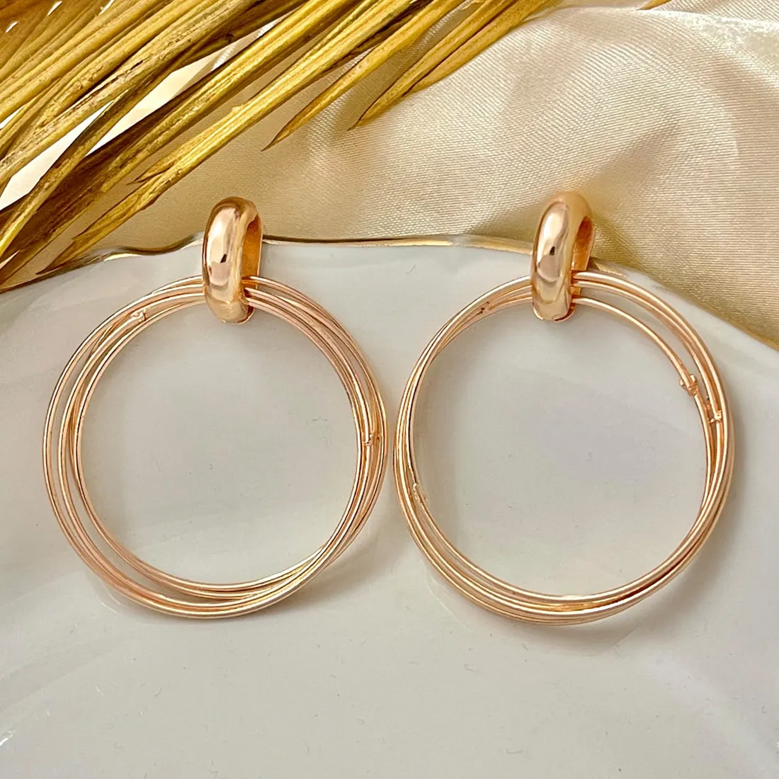 Contemporary Rose Gold-Toned Layered Circular Drop Earrings