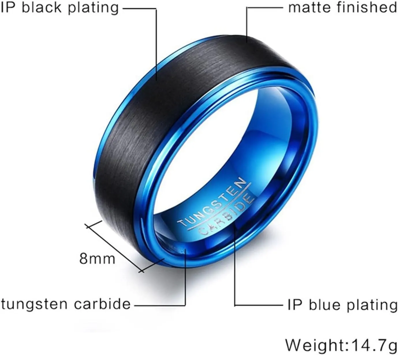 Couple Rings for Him and Her, Mens Tungsten Rings Blue Blue Brushed Ring 8mm Fashion Couple Ring