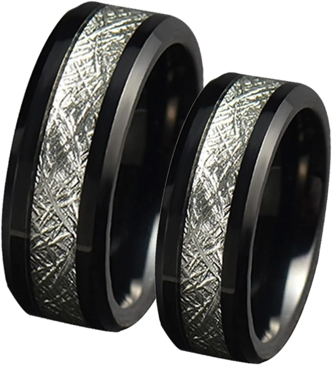 Couple Rings for Him and Her Sets, Stainless Steel Anniversary Rings for Couple Comfort Fit 8mm Black Ring Inlay Silver Metal