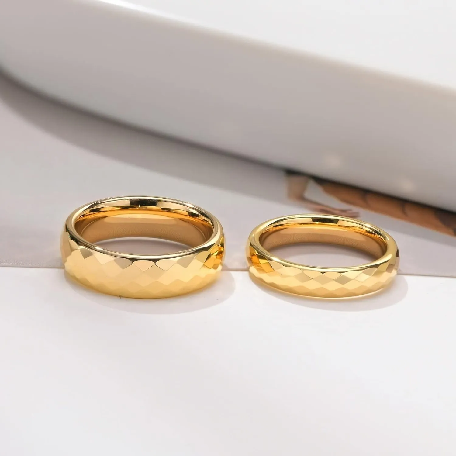 Couple Rings Set, Mens Ring Tungsten Gold Multi-Faceted Ring 4mm 6mm Rings for Men and Women