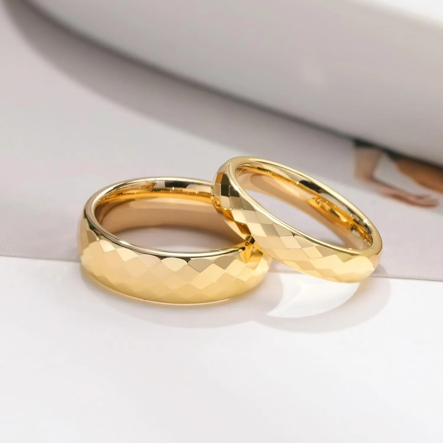 Couple Rings Set, Mens Ring Tungsten Gold Multi-Faceted Ring 4mm 6mm Rings for Men and Women