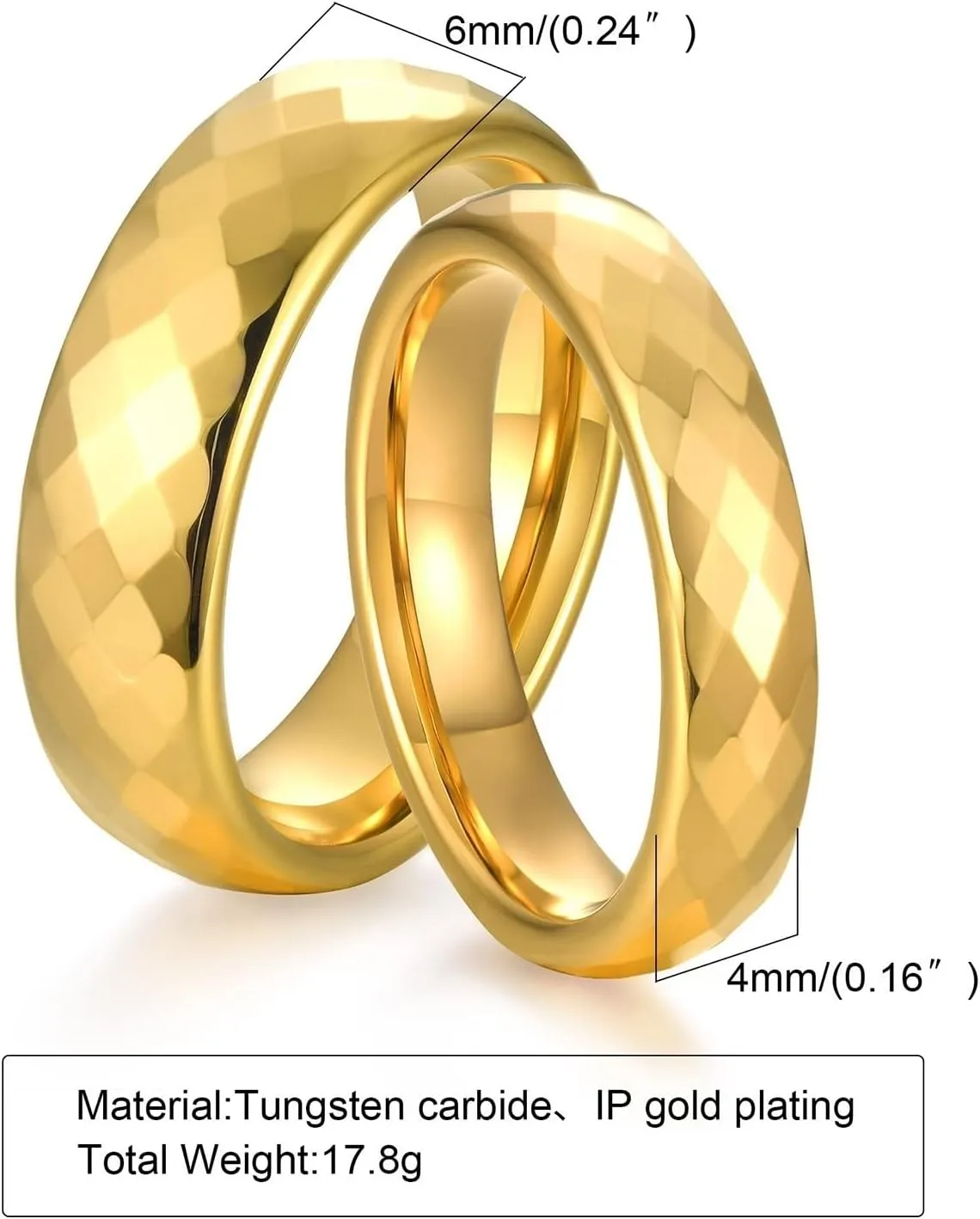 Couple Rings Set, Mens Ring Tungsten Gold Multi-Faceted Ring 4mm 6mm Rings for Men and Women