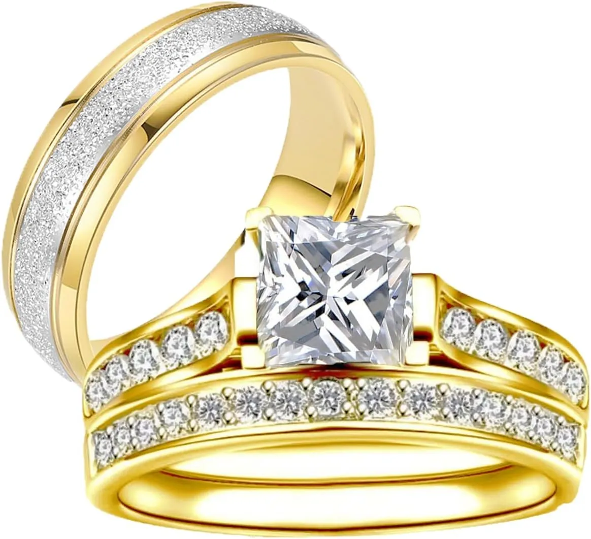 Couple Rings Sets for Him and Her Sterling Silver 10K 14K 18K Gold Personalized 3Pcs Moissanite Wedding Engagement Ring Wedding Band for Men Women Matching Promise Rings for Couples