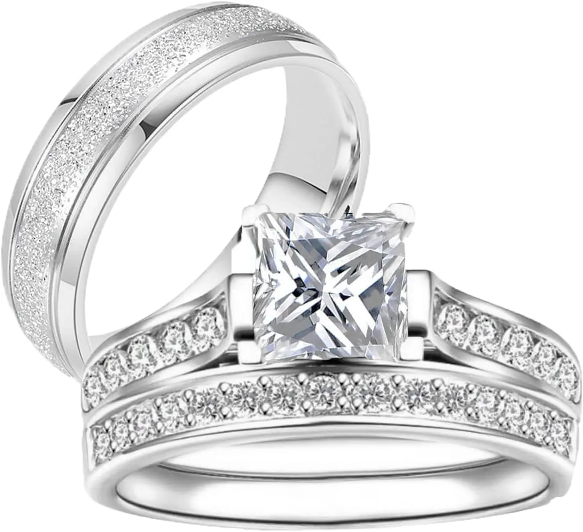 Couple Rings Sets for Him and Her Sterling Silver 10K 14K 18K Gold Personalized 3Pcs Moissanite Wedding Engagement Ring Wedding Band for Men Women Matching Promise Rings for Couples