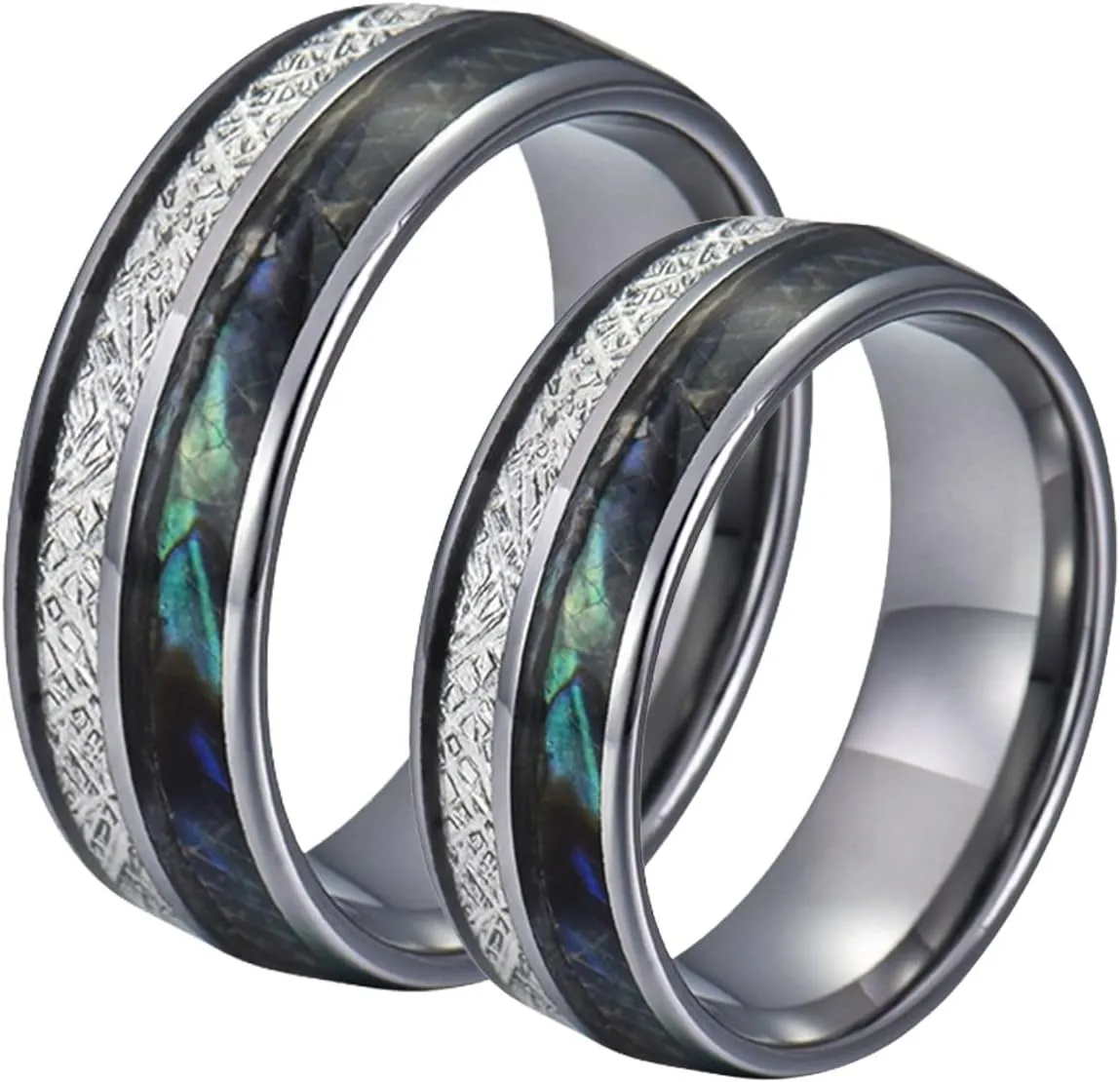Couple Wedding Rings Set, Men's Tungsten Ring 8mm Silver Ring Inlay Shell and Metal Engagement Couple Rings