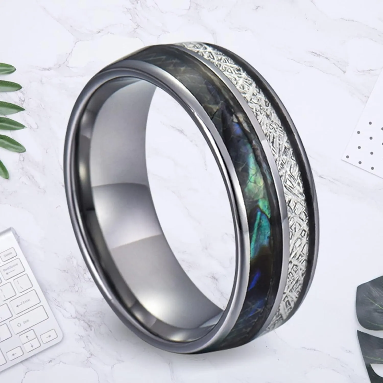 Couple Wedding Rings Set, Men's Tungsten Ring 8mm Silver Ring Inlay Shell and Metal Engagement Couple Rings