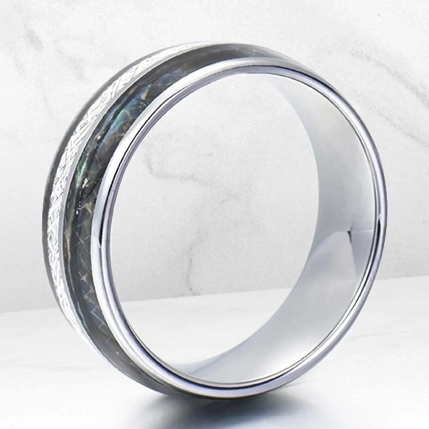 Couple Wedding Rings Set, Men's Tungsten Ring 8mm Silver Ring Inlay Shell and Metal Engagement Couple Rings