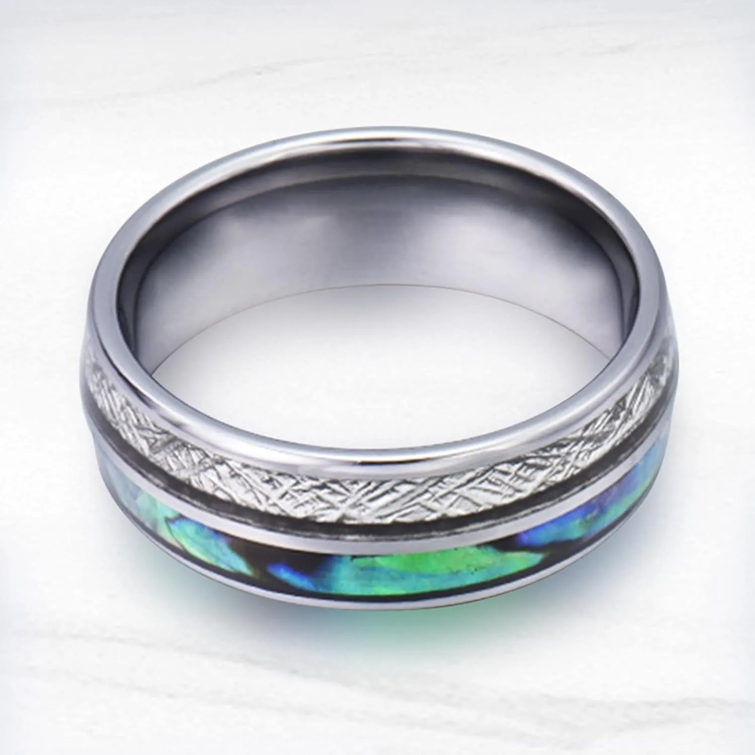 Couple Wedding Rings Set, Men's Tungsten Ring 8mm Silver Ring Inlay Shell and Metal Engagement Couple Rings