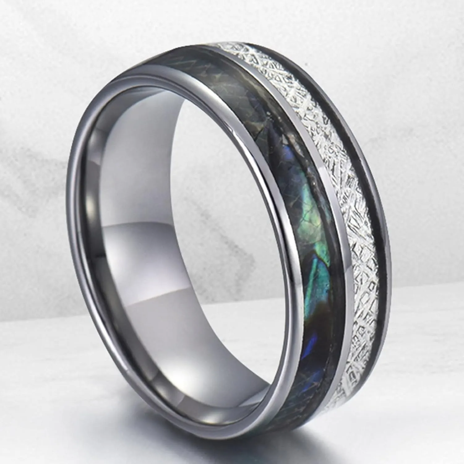 Couple Wedding Rings Set, Men's Tungsten Ring 8mm Silver Ring Inlay Shell and Metal Engagement Couple Rings