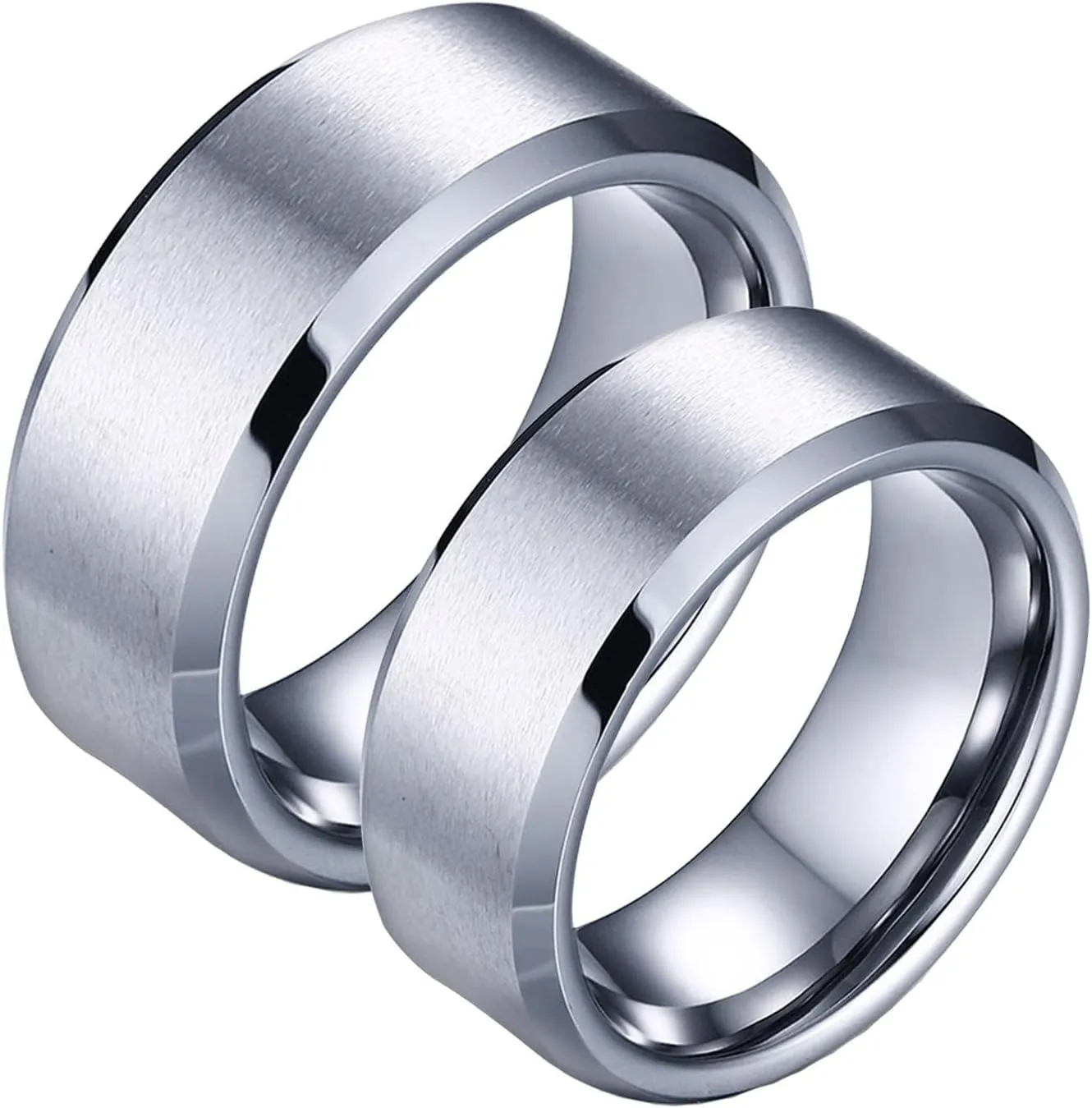 Couple Wedding Rings Set, Tungsten Ring for Women 8mm Silver Brushed Ring Beveled Edge Rings for Men and Women