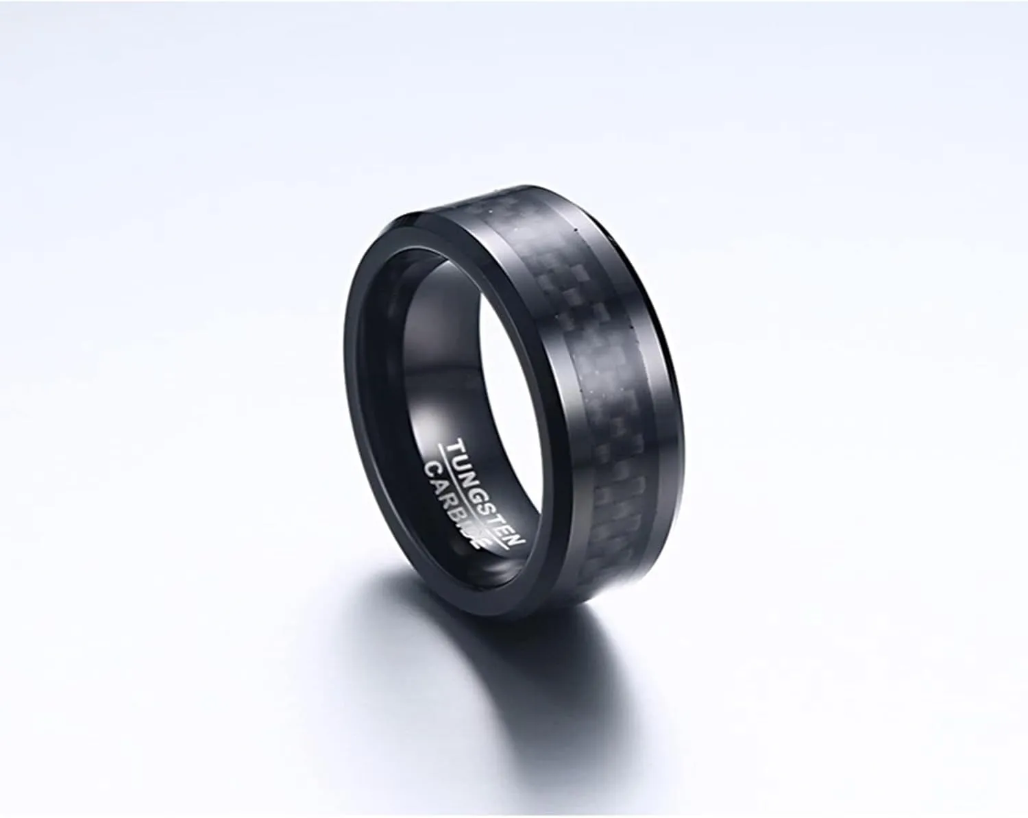 Couples Engagement Rings Set, Mens Black Tungsten Ring 8mm Carbon Fiber Ring Beveled Edge Engagement Couple Rings