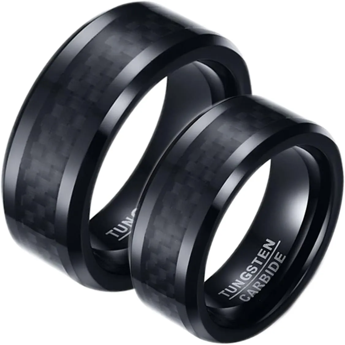 Couples Engagement Rings Set, Mens Black Tungsten Ring 8mm Carbon Fiber Ring Beveled Edge Engagement Couple Rings