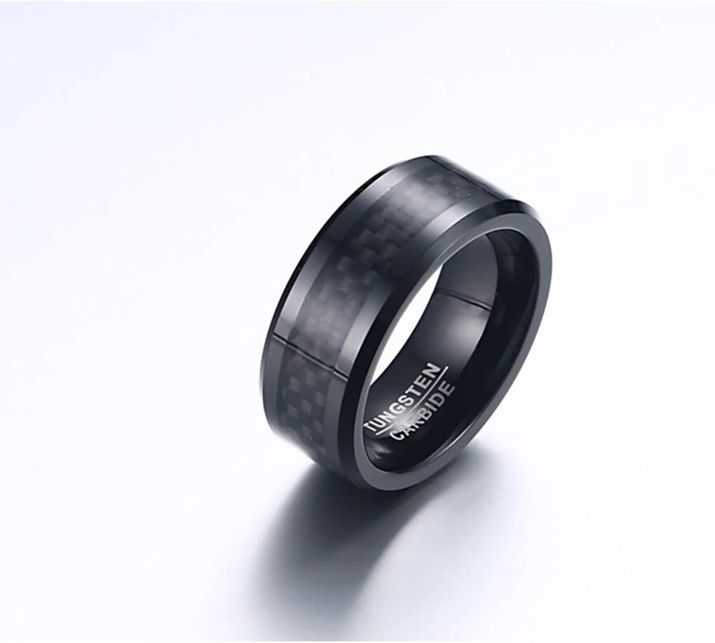 Couples Engagement Rings Set, Mens Black Tungsten Ring 8mm Carbon Fiber Ring Beveled Edge Engagement Couple Rings