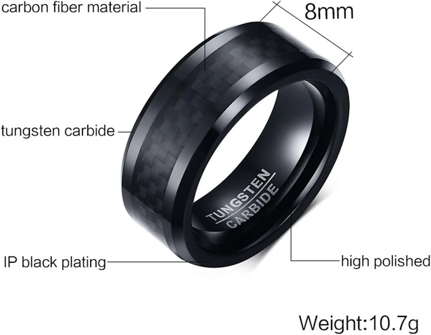 Couples Engagement Rings Set, Mens Black Tungsten Ring 8mm Carbon Fiber Ring Beveled Edge Engagement Couple Rings