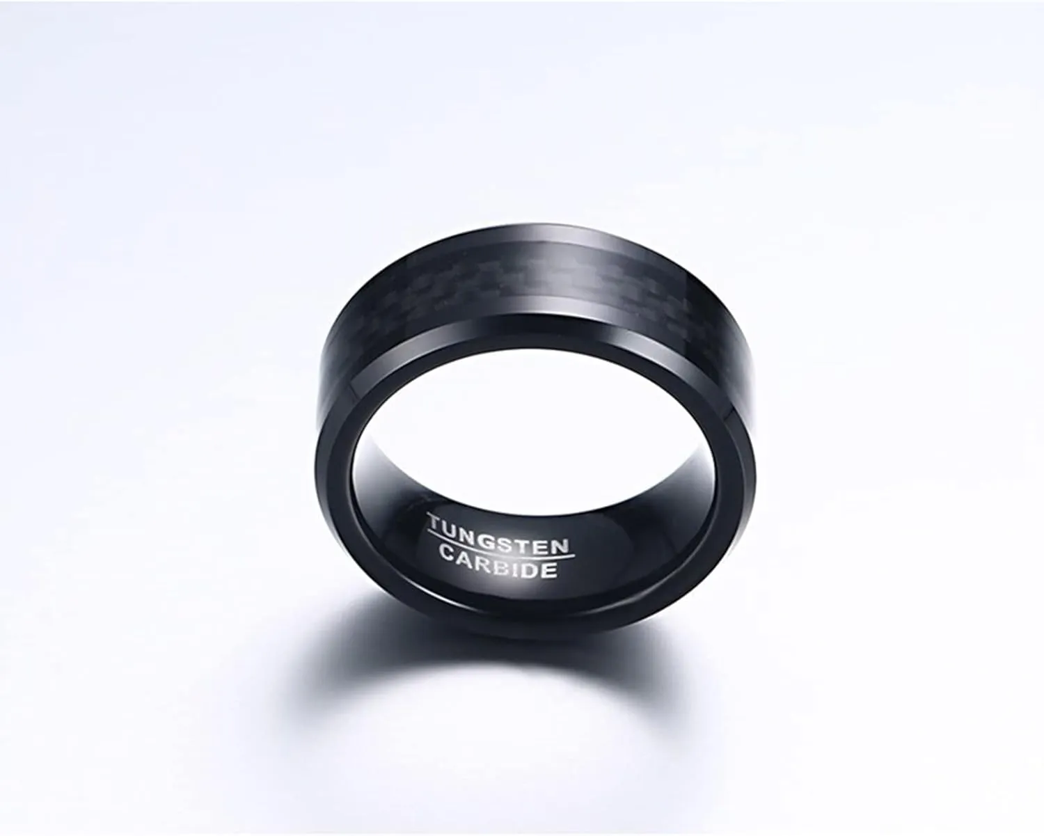 Couples Engagement Rings Set, Mens Black Tungsten Ring 8mm Carbon Fiber Ring Beveled Edge Engagement Couple Rings